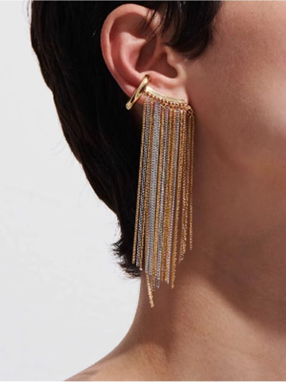 Gold and Silver Chain Fringe Drop Earrings - Women Jewelry